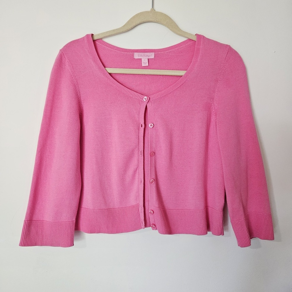 Lilly Pulitzer Women L Pink 3/4 Sleeve Crop Cardigan Sweater Dainty Feminine Chi